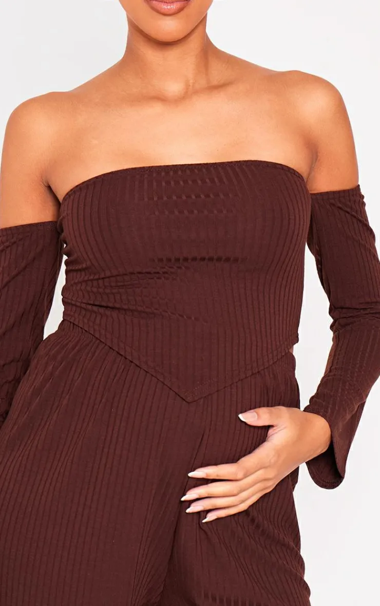 Clearance PrettyLittleThing Maternity Off The Shoulder Point Hem Top Chocolate
