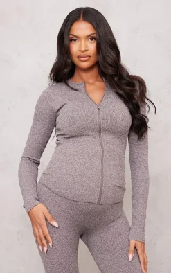 New PrettyLittleThing Maternity Chocolate Snatched Rib Zip Up Cardigan Chocolate.