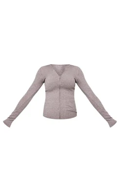 New PrettyLittleThing Maternity Chocolate Snatched Rib Zip Up Cardigan Chocolate.