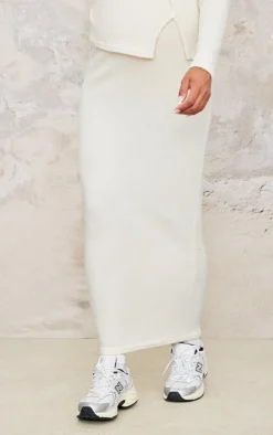 New PrettyLittleThing Maternity Brushed Rib Asymmetric Button Maxi Skirt Cream