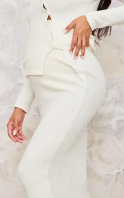 New PrettyLittleThing Maternity Brushed Rib Asymmetric Button Maxi Skirt Cream