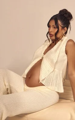 Discount PrettyLittleThing Maternity Open Knit Flare Pants Cream