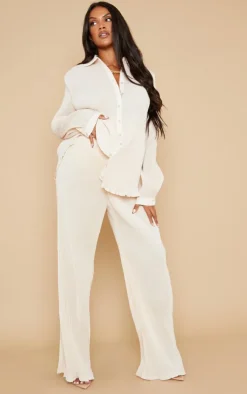 PrettyLittleThing Maternity Plisse High Waisted Wide Leg Pants Cream