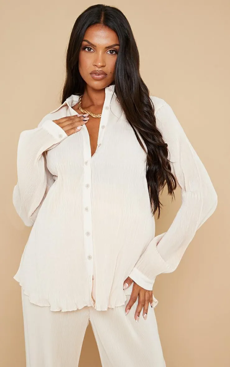 Clearance PrettyLittleThing Maternity Plisse Shirt Cream