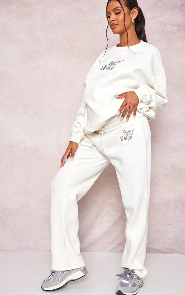 Sale PrettyLittleThing Maternity Plt Embroidered Wide Leg Sweatpants Cream