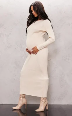Maternity Rib Knit Long Sleeve Maxi Dress-PrettyLittleThing Online