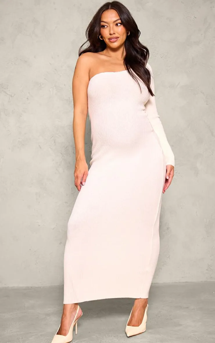 Maternity Rib Knit One Shoulder Long Sleeve Midaxi Dress-PrettyLittleThing New