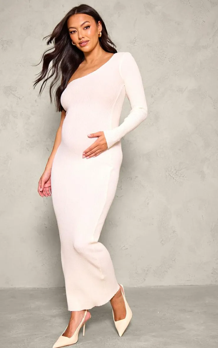 Maternity Rib Knit One Shoulder Long Sleeve Midaxi Dress-PrettyLittleThing New