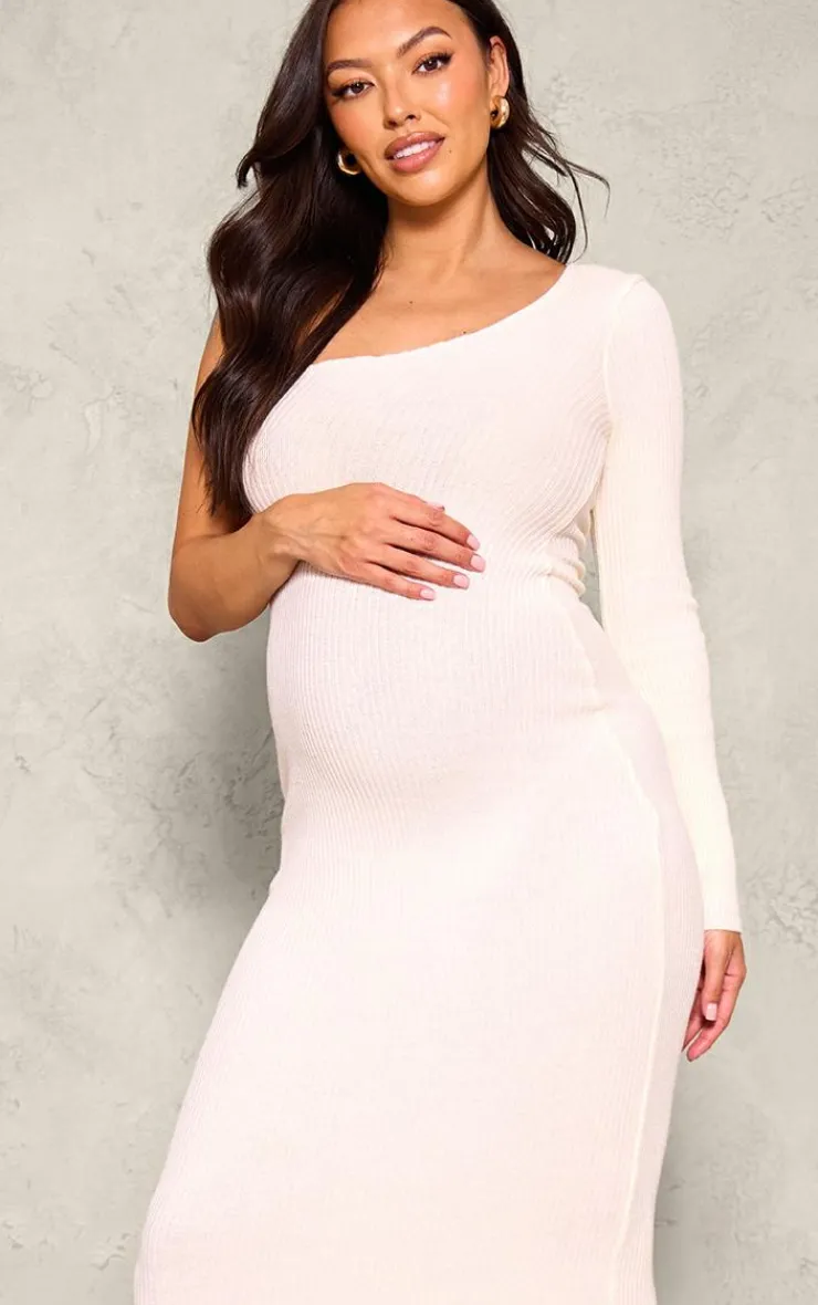 Maternity Rib Knit One Shoulder Long Sleeve Midaxi Dress-PrettyLittleThing New