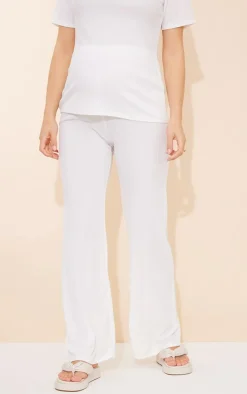 Hot PrettyLittleThing Maternity Rib Wide Leg Flared Pants Cream