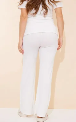 Hot PrettyLittleThing Maternity Rib Wide Leg Flared Pants Cream