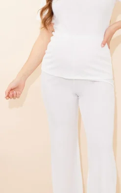 Hot PrettyLittleThing Maternity Rib Wide Leg Flared Pants Cream