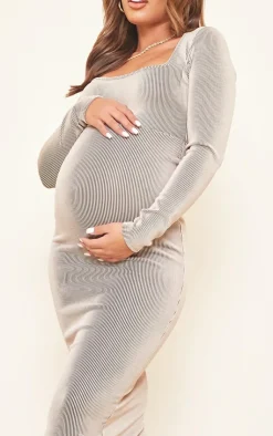 Maternity Ribbed Long Sleeve Side Split Maxi Dress-PrettyLittleThing Discount