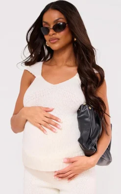 New PrettyLittleThing Maternity Short Sleeve Knitted Top Cream
