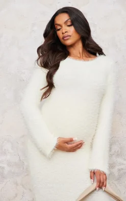 Maternity Slash Neck Long Sleeve Fluffy Knit Maxi Dress-PrettyLittleThing Online