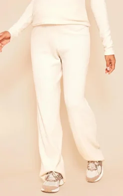 Online PrettyLittleThing Maternity Soft Rib Detail Wide Leg Pants Cream