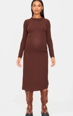 Maternity Ribbed Long Sleeve Midi Dress-PrettyLittleThing Online
