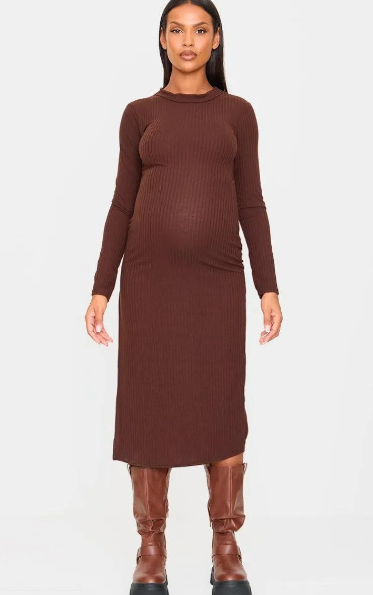 Maternity Ribbed Long Sleeve Midi Dress-PrettyLittleThing Online