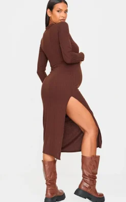 Maternity Ribbed Long Sleeve Midi Dress-PrettyLittleThing Online