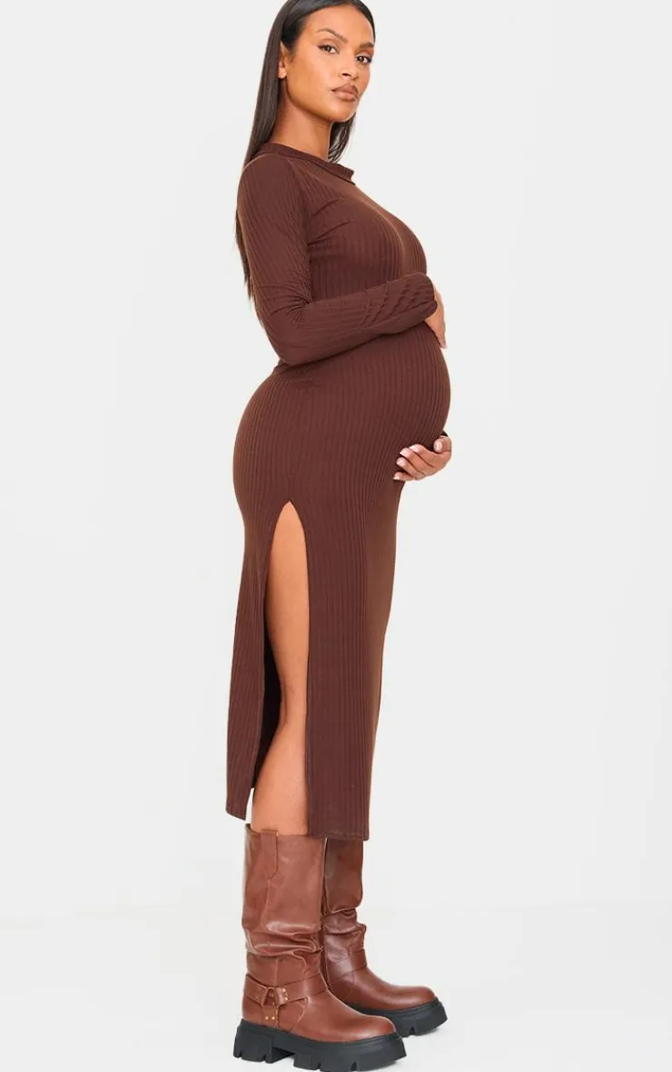 Maternity Ribbed Long Sleeve Midi Dress-PrettyLittleThing Online