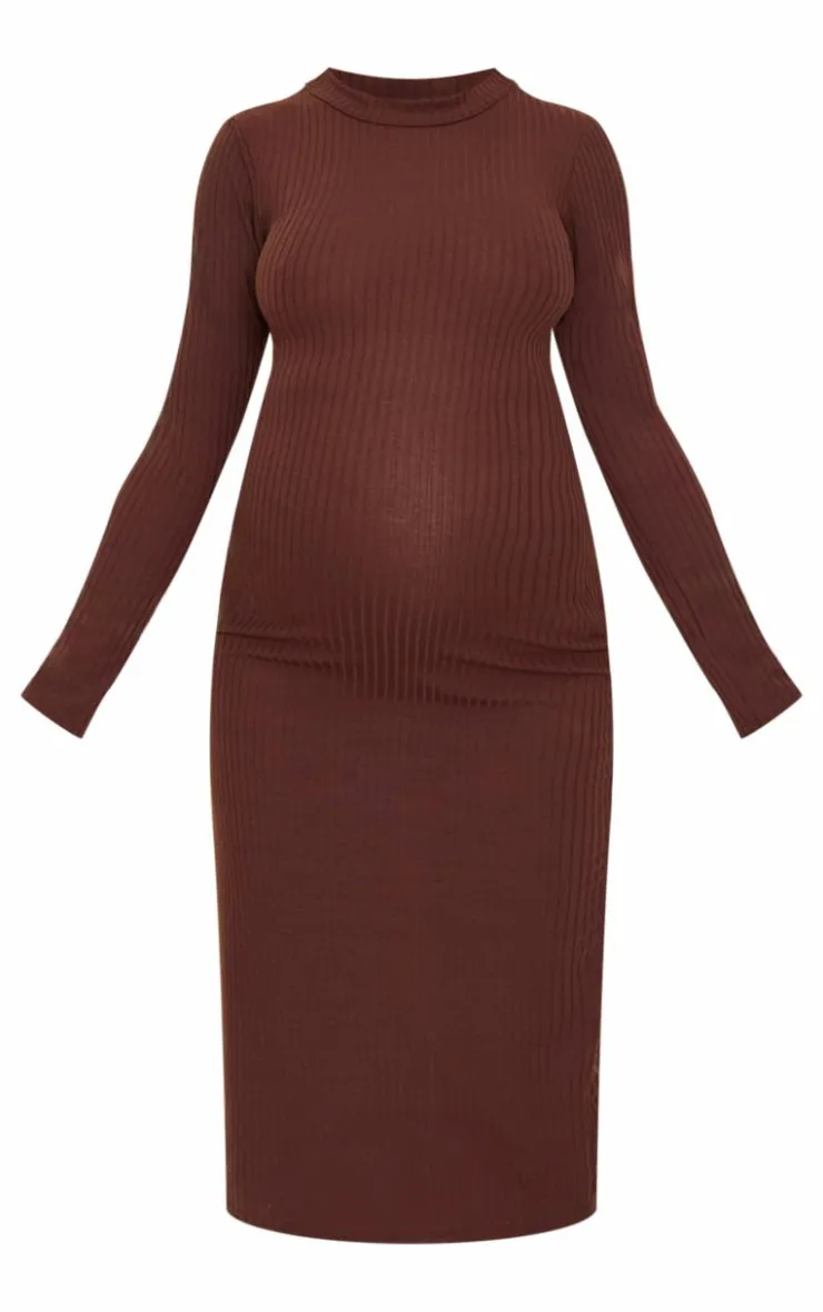 Maternity Ribbed Long Sleeve Midi Dress-PrettyLittleThing Online