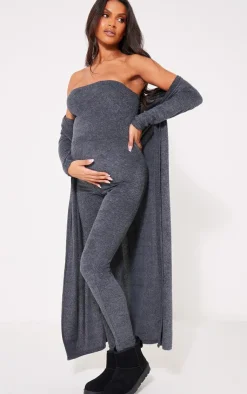 Discount PrettyLittleThing Maternity Towel Texture Over The Bump Jumpsuit Dark Grey