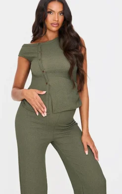 Discount PrettyLittleThing Maternity Textured Asymmetric Button Top Dark Khaki