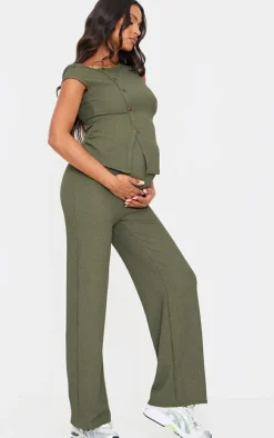 Discount PrettyLittleThing Maternity Textured Asymmetric Button Top Dark Khaki