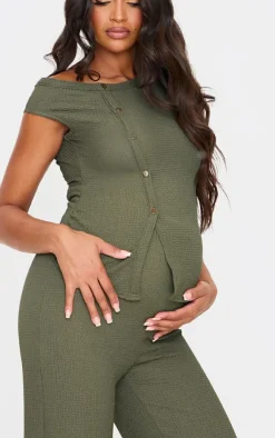 Discount PrettyLittleThing Maternity Textured Asymmetric Button Top Dark Khaki