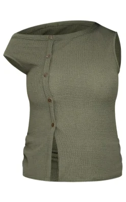Discount PrettyLittleThing Maternity Textured Asymmetric Button Top Dark Khaki