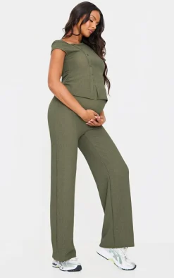 Sale PrettyLittleThing Maternity Textured Wide Leg Pants Dark Khaki