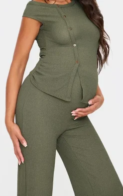 Sale PrettyLittleThing Maternity Textured Wide Leg Pants Dark Khaki