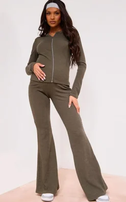 Hot PrettyLittleThing Maternity Crinkle Rib High Waist Flares Dark Olive