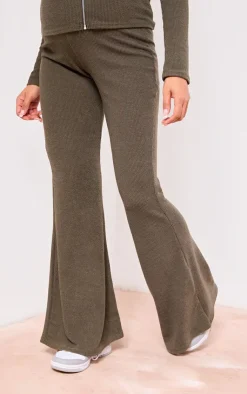 Hot PrettyLittleThing Maternity Crinkle Rib High Waist Flares Dark Olive