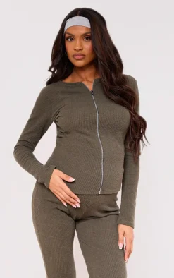 Clearance PrettyLittleThing Maternity Crinkle Rib Longline Zip Up Top Dark Olive