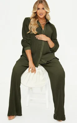 Online PrettyLittleThing Maternity Plisse High Waisted Wide Leg Pants Dark Olive