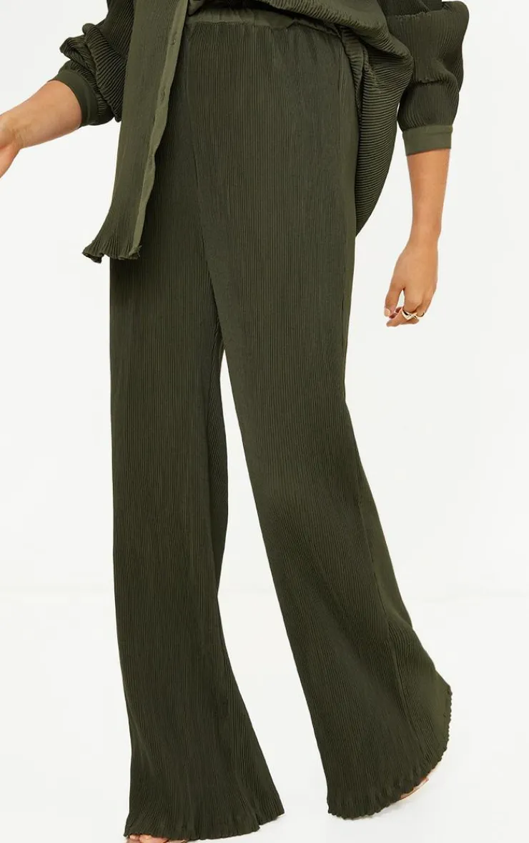 Online PrettyLittleThing Maternity Plisse High Waisted Wide Leg Pants Dark Olive