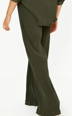 Online PrettyLittleThing Maternity Plisse High Waisted Wide Leg Pants Dark Olive