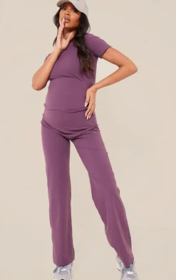 Online PrettyLittleThing Maternity Core Collection Tab Snatched Sculpt Flared Pants Eggplant