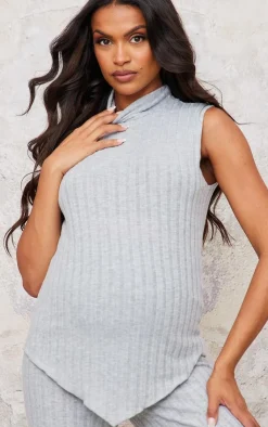 New PrettyLittleThing Maternity Brushed Rib Sleeveless High Neck Top Grey