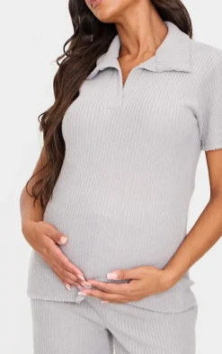 Hot PrettyLittleThing Maternity Brushed Rib Short Sleeve Top Grey Marl