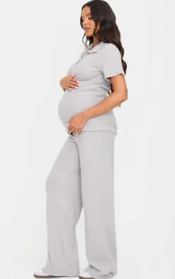 New PrettyLittleThing Maternity Brushed Rib Flared Pants Grey Marl