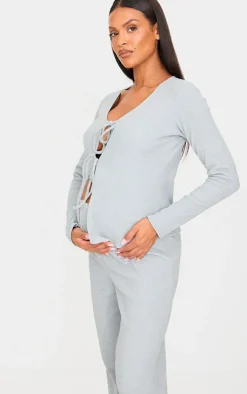 Sale PrettyLittleThing Maternity Brushed Rib Long Sleeve Tie Front Top Grey Marl