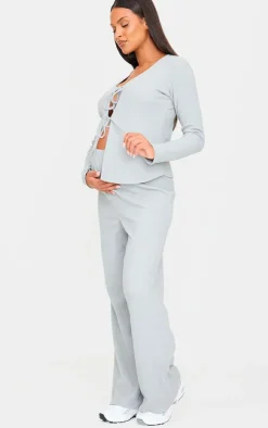 Sale PrettyLittleThing Maternity Brushed Rib Long Sleeve Tie Front Top Grey Marl