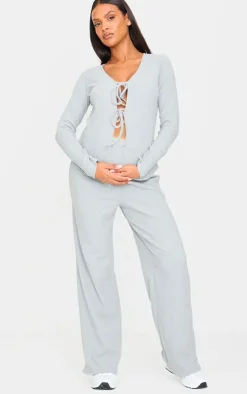 PrettyLittleThing Maternity Brushed Rib Wide Leg Pants Grey Marl