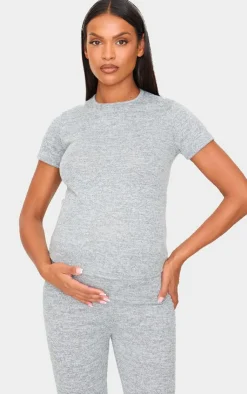 Hot PrettyLittleThing Maternity Brushed Short Sleeve T-shirt Grey Marl