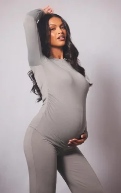 Hot PrettyLittleThing Maternity Cotton Jersey Ruched Bump Longline Top Grey Marl