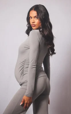 Hot PrettyLittleThing Maternity Cotton Jersey Ruched Bump Longline Top Grey Marl