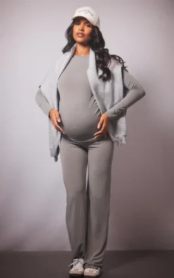 Hot PrettyLittleThing Maternity Cotton Jersey Ruched Bump Longline Top Grey Marl
