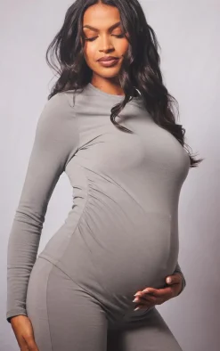 Hot PrettyLittleThing Maternity Cotton Jersey Ruched Bump Longline Top Grey Marl